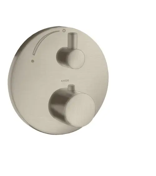 Thermostat mit zwei Reglern und einer runden Abdeckung in gebürstetem Nickel-Finish. Markierung und Logo der Marke AXOR sind sichtbar.